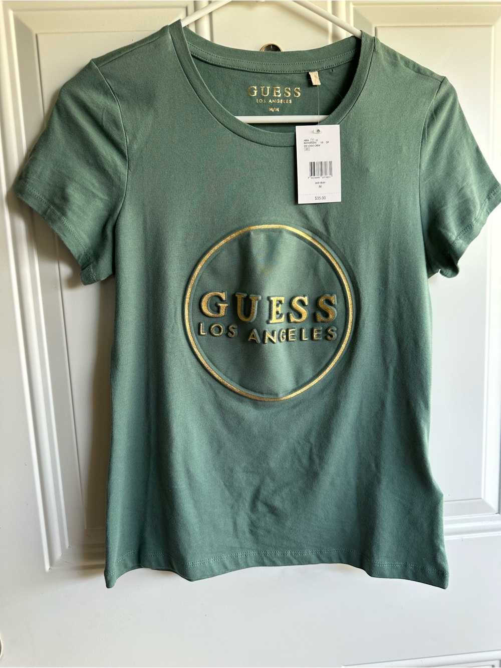 GUESS Women's Short Sleeve Logo Tee — Green with Gold Print - Picture 4 of 5